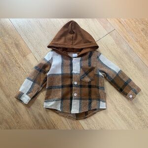 Brown Plaid Button Down Baby/Kids Hooded Shirt 12-18M